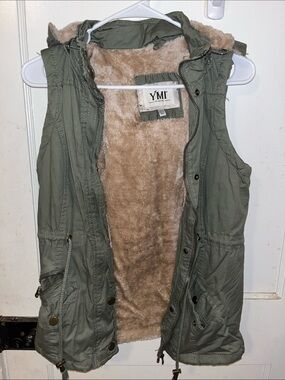 YMI Olive Green Faux Fur-Lined Hooded Utility Vest